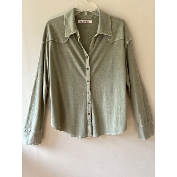 Free People Sz M Oversized Sahrah Star Shirt Green Olive V Neck Linen Blend - Picture 5 of 15